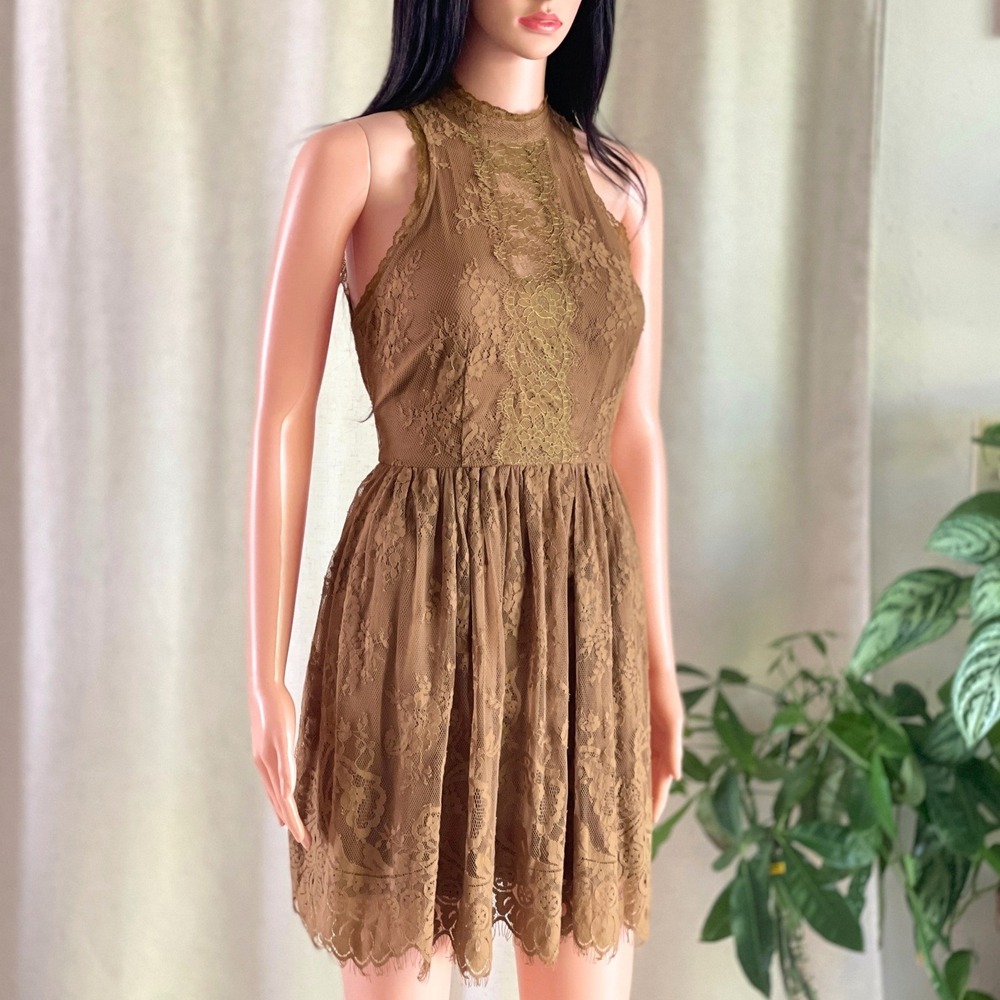 Free People Verushka Brown Lace High Neck Mini Dress Boho Romantic Fairycore 4‎